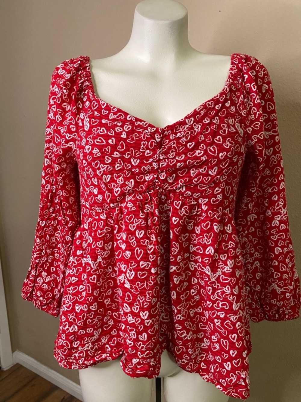 LOFT Red white Heart-Print Peasant long sleeve flowy Blouse ❤️ 6